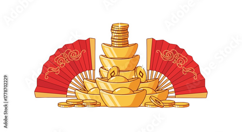 A large pile of traditional Chinese gold ingots and coins with decorative red fans.