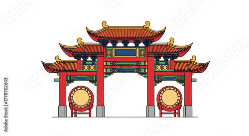 Traditional red Chinese archway gate with drums vector illustration.
