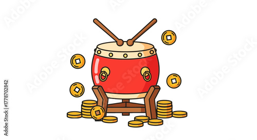 Traditional red Chinese drum with drumsticks and gold coins.
