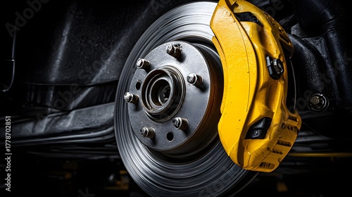 High performance vehicle wheel assembly featuring a bright yellow brake caliper clamping a metallic rotor disc
