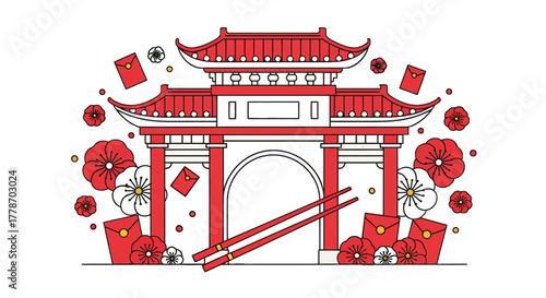 Traditional Chinese Archway with Festive Decorations and Red Envelopes.