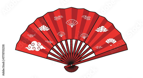 Elegant red traditional Asian folding hand fan with decorative patterns.