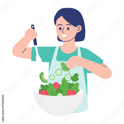 Smiling woman in apron mixing fresh healthy salad in a bowl