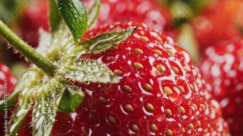 Wallpaper Mural Close up of fresh red strawberries with green leaves and water drops. Torontodigital.ca