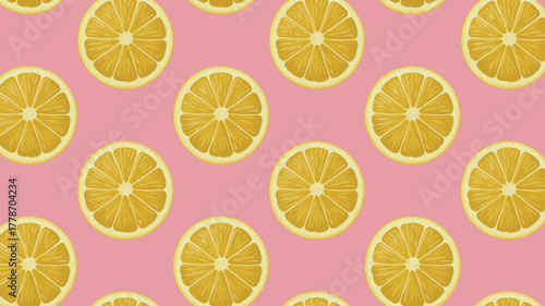 Seamless pattern of yellow lemon slices on a pink background