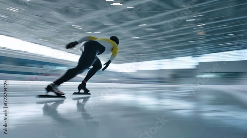 A male speed skater glides rapidly across an ice rink, showcasing athleticism and speed in a motion blur.