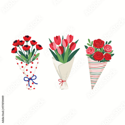 Bouquets of Flowers Vector Set Garden Flowers Tulips Roses Floral Decoration for March 8 Mother’s Day Invitations Greeting Cards and Holiday Designs