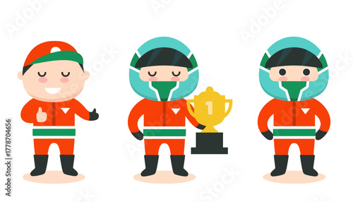 Three cartoon astronauts in orange space suits celebrating with a trophy on a white background with a playful mood.