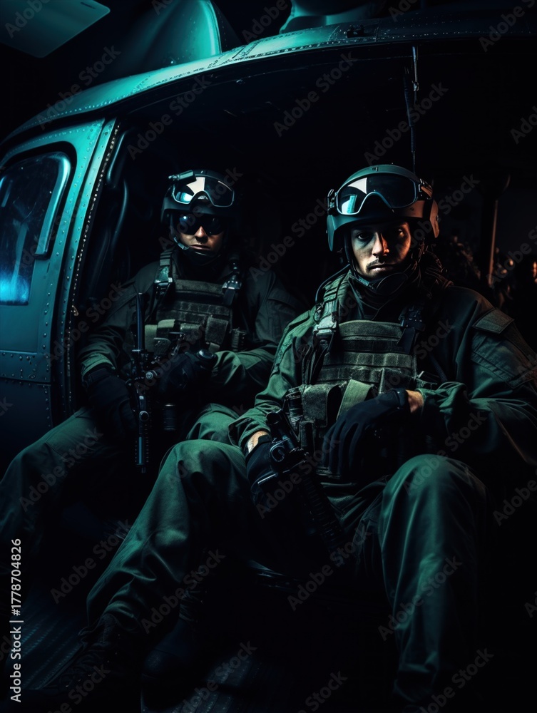 Obraz premium Soldiers in tactical gear are sitting inside a helicopter, ready for action.