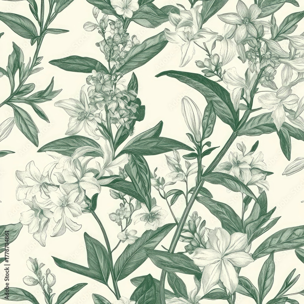 Fototapeta premium Stylized Jasmine and Melissa Pattern — Soft Green Serenity