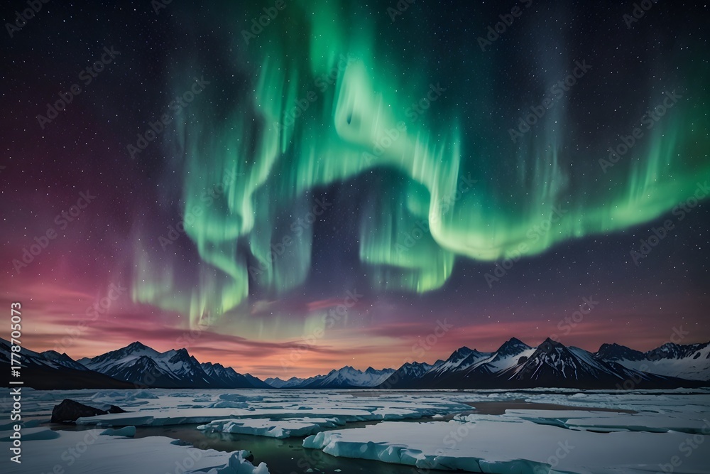 Naklejka premium A time-lapse of auroras over a glacial landscape