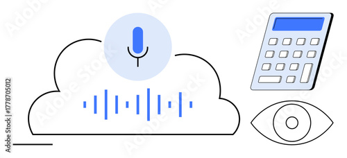 Microphone with soundwave in cloud, calculator, and eye represent voice recognition, cloud computing, and data insights. Ideal for AI, innovation, analytics, software IoT tech education digital