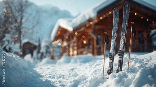 Ski equipment stands in fresh snow outside a cozy wooden chalet, evoking winter adventure and relaxation.