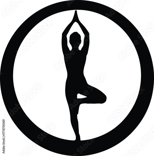 Vector yoga tree pose silhouette inside a circular frame illustration