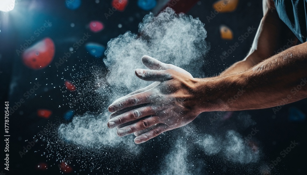 Fototapeta premium Climber's hands clapping chalk dust in a bouldering gym