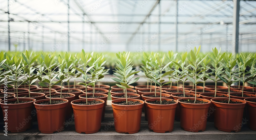 Obraz premium Olive seedlings in a greenhouse nursery