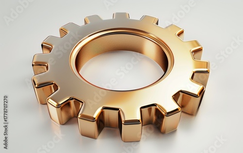 Single golden gear, isolated on a white background, symbolizes precision engineering and industrial mechanisms.