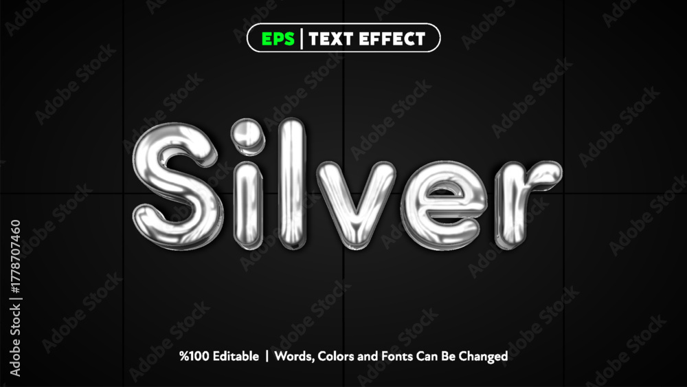 Obraz premium Silver metallic balloon text effect with shiny reflective surface and editable style for graphic design projects 