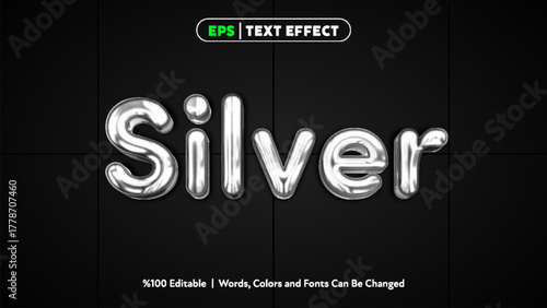 Silver metallic balloon text effect with shiny reflective surface and editable style for graphic design projects 
