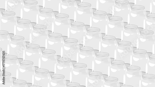Isometric empty glass jars move along a factory conveyor line. 3D vector background top view at an angle