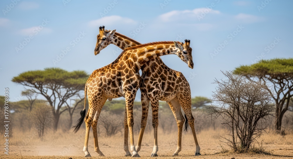 Obraz premium Two giraffes interact in african savanna with acacia trees under blue sky