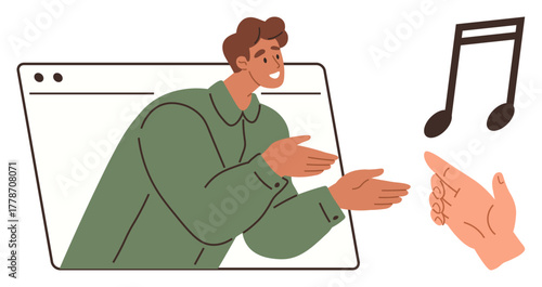 Man emerging from browser window clapping hands toward hand holding a musical note. Ideal for online communication, music creation, virtual events, creativity, technology, collaboration, simple flat