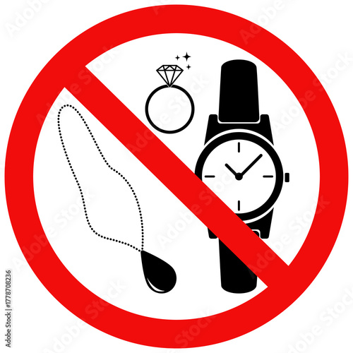 Do not wear jewelry sign, Do not wear wristwatches, rings,or necklaces,indicating a restriction on wearing jewelry in specific areas. Flat vector illustration design isolated