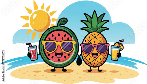 Watermelon and pineapple on the beach