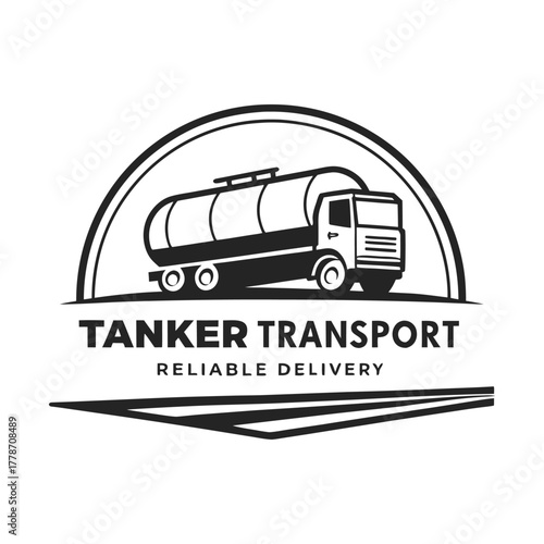 Minimalist logo of a tanker truck with the text tanker transport reliable delivery within a semicircular frame, isolated on white background