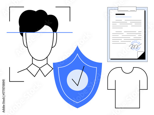 Head outline with facial recognition markers, shield with checkmark for security, signed document, and shirt. Ideal for identity, privacy, security, protection, trust authentication verification