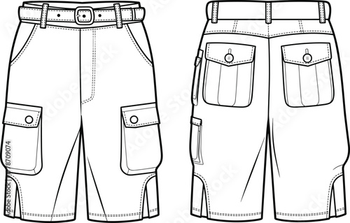 Cargo shorts technical sketch, front and back view, belt loops, flap pockets, utility loop, button closure, fashion design, vector illustration