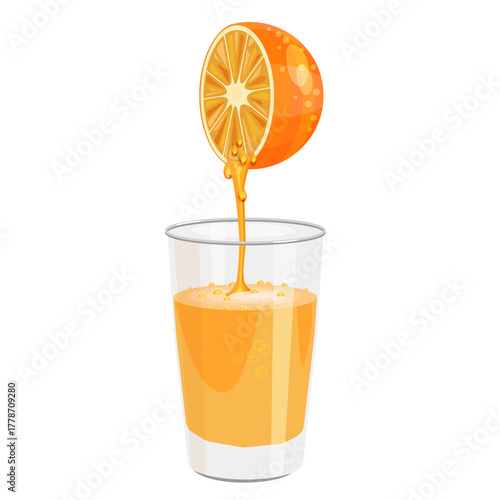 Orange juice is pouring into a glass, isolated on a white background. Vector composition for summer designs, juice packaging, and cafe and restaurant designs.
