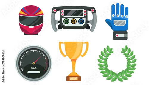 Flat lay of racing icons including helmet, gearshift, glove, speedometer, trophy, and laurel wreath on white background