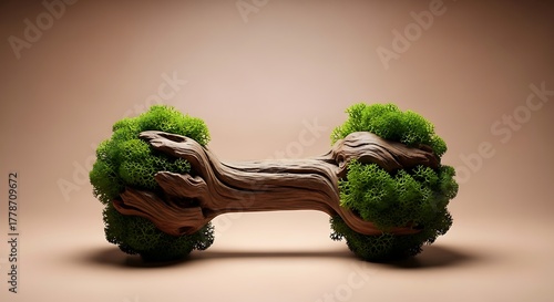 Dumbbell shaped from wood and covered in lush green moss and foliage