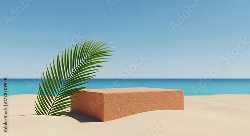 Minimalist brick pedestal with palm frond on a sandy beach with ocean backdrop