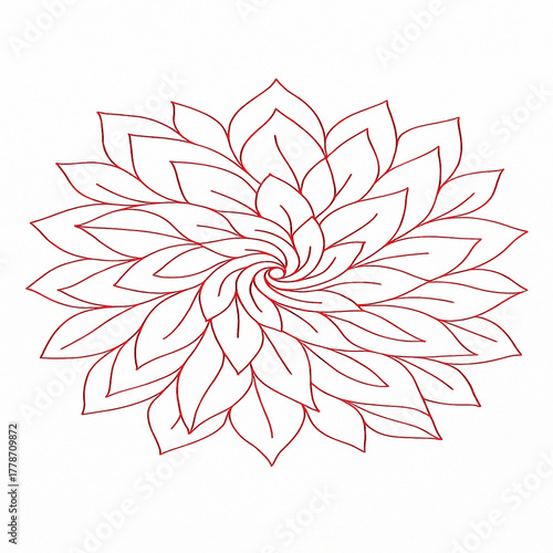Spiral Floral Line Mandala Clean red-line mandala design made of spiraling petals, perfect for coloring pages, yoga graphics, meditation art, and decorative backgrounds.