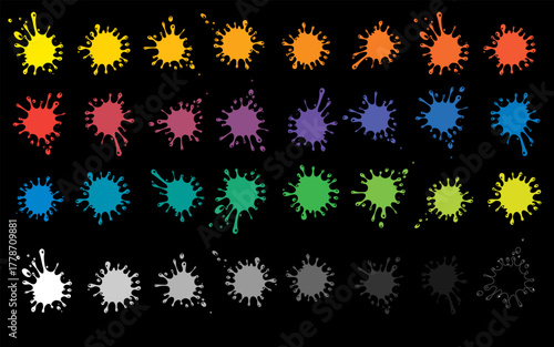 Rainbow splash background. Set of colored blots on the black background. 24 colors set. Rainbow colors. back to school. art and craft projects, scrapbooks Vector