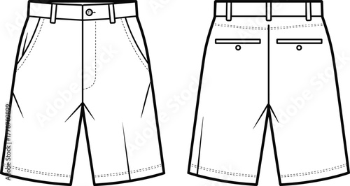 Men’s shorts technical sketch, front and back view, belt loops, button closure, welt pockets, fashion design, garment construction, vector illustration
