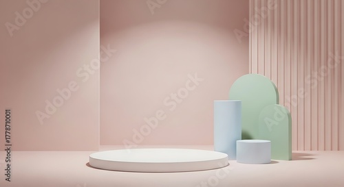 Minimalist pastel stage with geometric shapes and soft lighting for product display