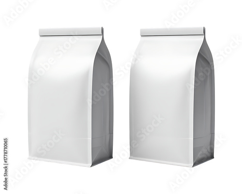 Two blank white stand up pouches isolated on transparent background