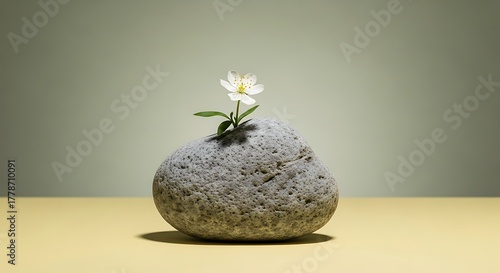 Delicate white flower blooming from a textured grey stone vase on a yellow surface
