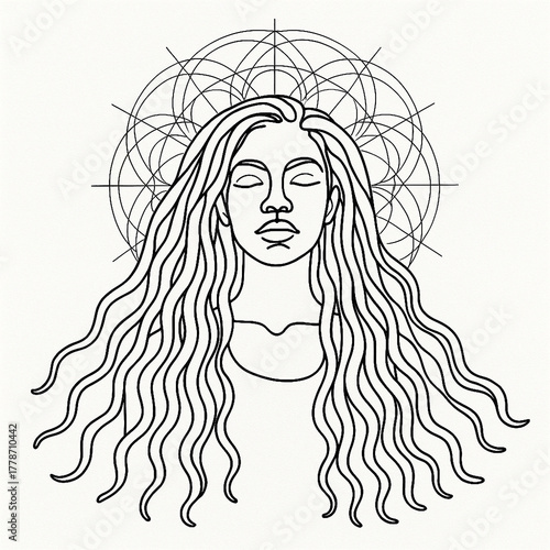 Sacred Geometry Woman Illustration Minimalist black-line illustration of a serene woman with flowing hair and a radiant sacred-geometry halo. Ideal for spiritual designs, wellness branding, and mystic
