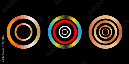 Realistic 3D Metal Circle Frames: Gold, Silver, Bronze, and Rose Gold Medals for First, Second, Third and Fourth Place. High-quality blank Badge and Ring Set on Black Background. Vector.