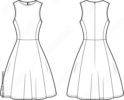 Sleeveless dress technical sketch, front and back view, round neckline, princess seams, flared skirt, fitted bodice, fashion design, vector illustration