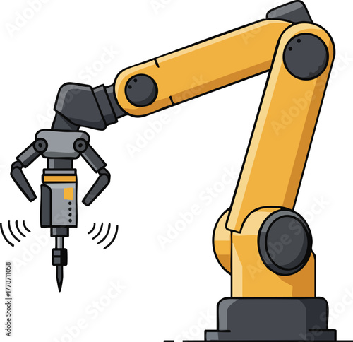 A yellow robotic arm with a drill bit attached to its end effector on a white background.