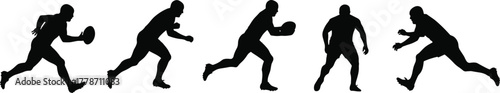 American football player silhouettes, running, tackling, throwing, defensive stance, dynamic sports action poses, athletic movement, competitive game, fitness training, teamwork