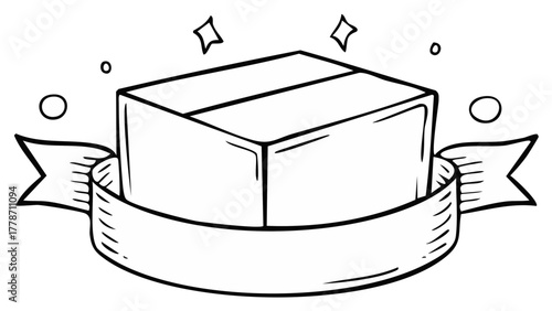 A special gift package or delivery box with a blank ribbon banner, a hand-drawn doodle illustration