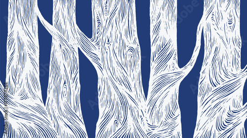 Hand drawn brush lines background pattern featuring stylized, tree trunks wood grain and bark textures. Bold indigo and white vector art for a natural, rustic, or forest design.