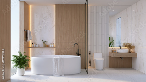 Fotografía Contemporary bathroom with a freestanding bathtub behind a glass partition and a wooden accent wall