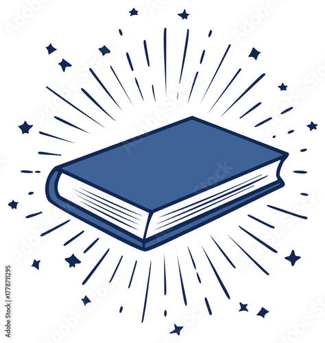 Blue Hardcover Book Illustration with Sparkling Burst of Light and Stars